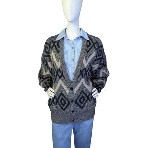 90s Grandpacore Cardigan, Geometric Knit Unisex Oversized